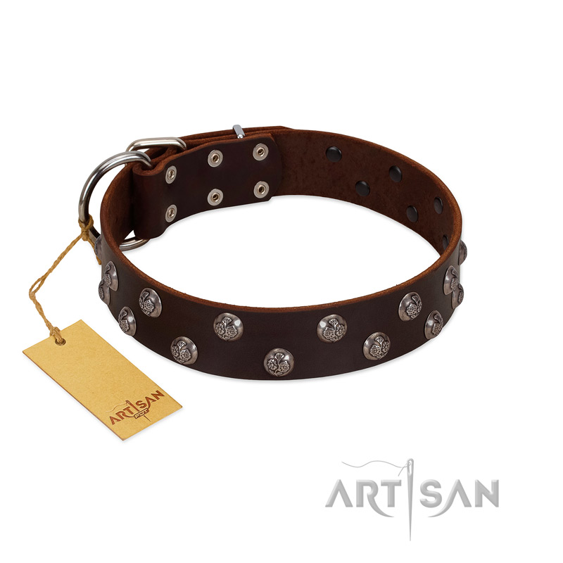 "Blossom Jewel" FDT Artisan Brown Leather English Bulldog Collar with Two Rows of Silver-like Studs with Engraved Flowers