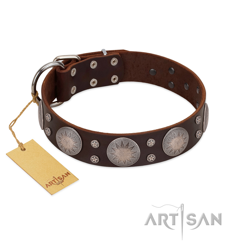 "Imperial Legate" FDT Artisan Brown Leather English Bulldog Collar with Big Round Plates