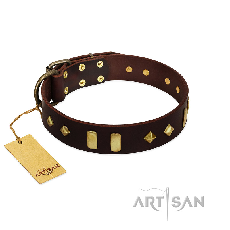"Blinking Illusion" FDT Artisan Brown Leather English Bulldog Collar with Old Bronze-like Studs and Plates - Click Image to Close