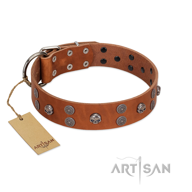 "Road Rider" FDT Artisan Tan Leather English Bulldog Collar with Old Silver-like Skulls and Medallions