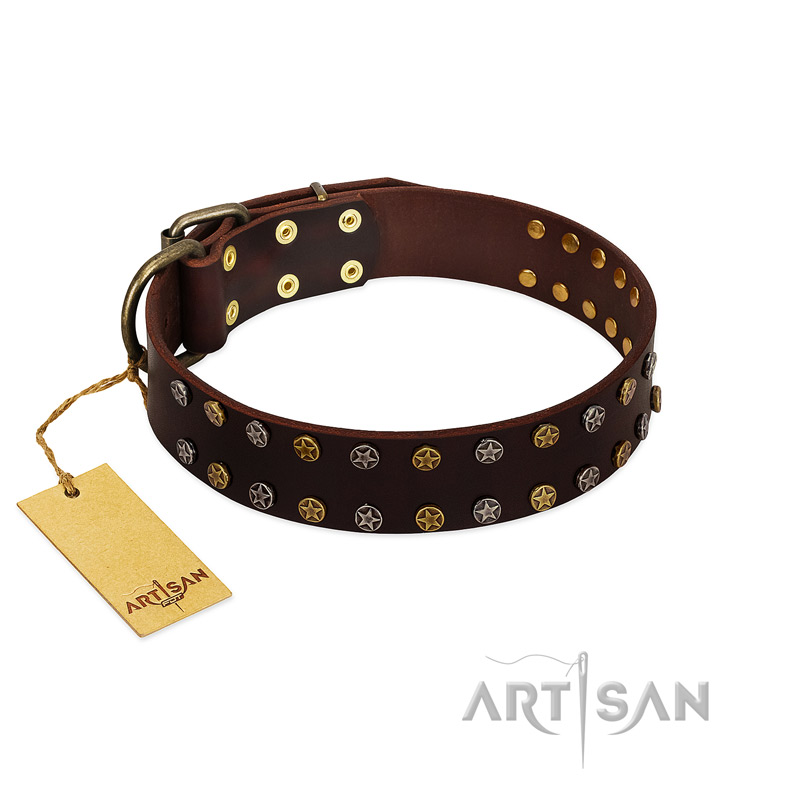 "To the Moon and Back" FDT Artisan Brown Leather English Bulldog Collar with Bronze-like Star Studs