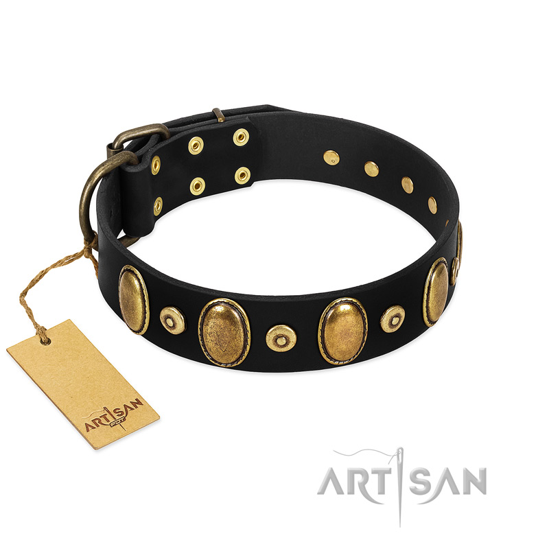 "Venerable Pawty" FDT Artisan Black Leather English Bulldog Collar with Old Bronze-like Ovals and Studs