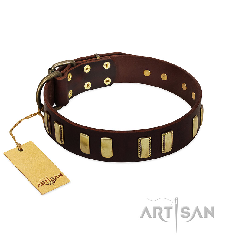 "Peace and Harmony" FDT Artisan Brown Leather English Bulldog Collar with Plates