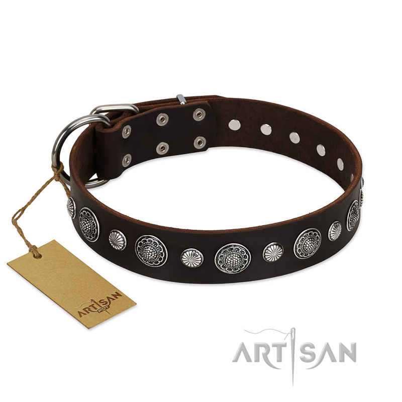 "Victory Ode" FDT Artisan Brown Leather English Bulldog Collar with Silver-like Plated Decorations - Click Image to Close