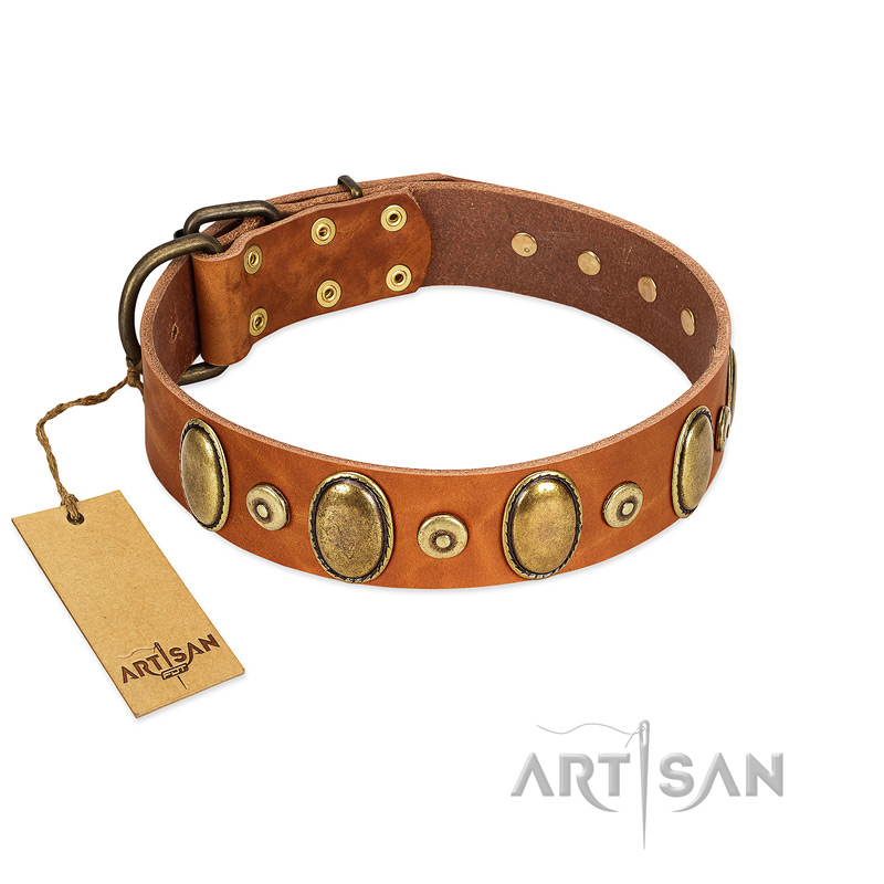 "Crystal Sand" FDT Artisan Tan Leather English Bulldog Collar with Vintage Looking Oval and Round Studs