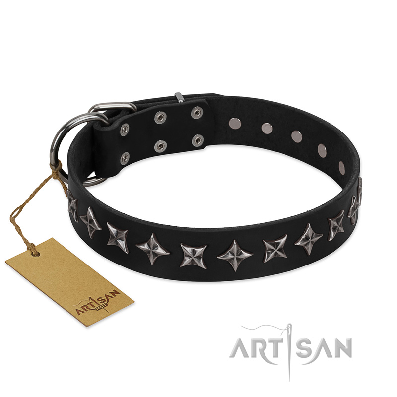 "Lights-out" FDT Artisan Black Leather English Bulldog Collar with Silver-like Set of Stars