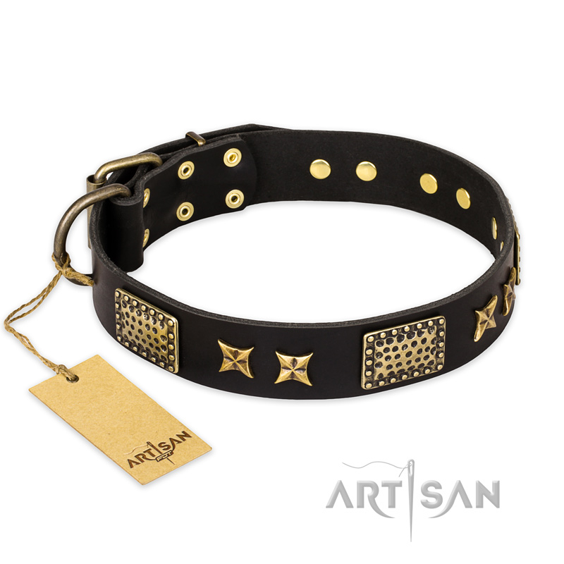 "Passion for Style and Beauty" FDT Artisan Decorated Black Leather English Bulldog Collar