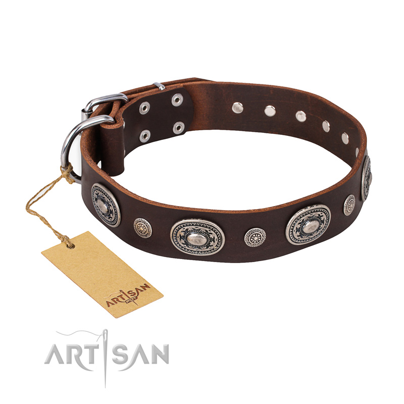 "Extra Pizzazz" FDT Artisan Adorned Brown Leather English Bulldog Collar