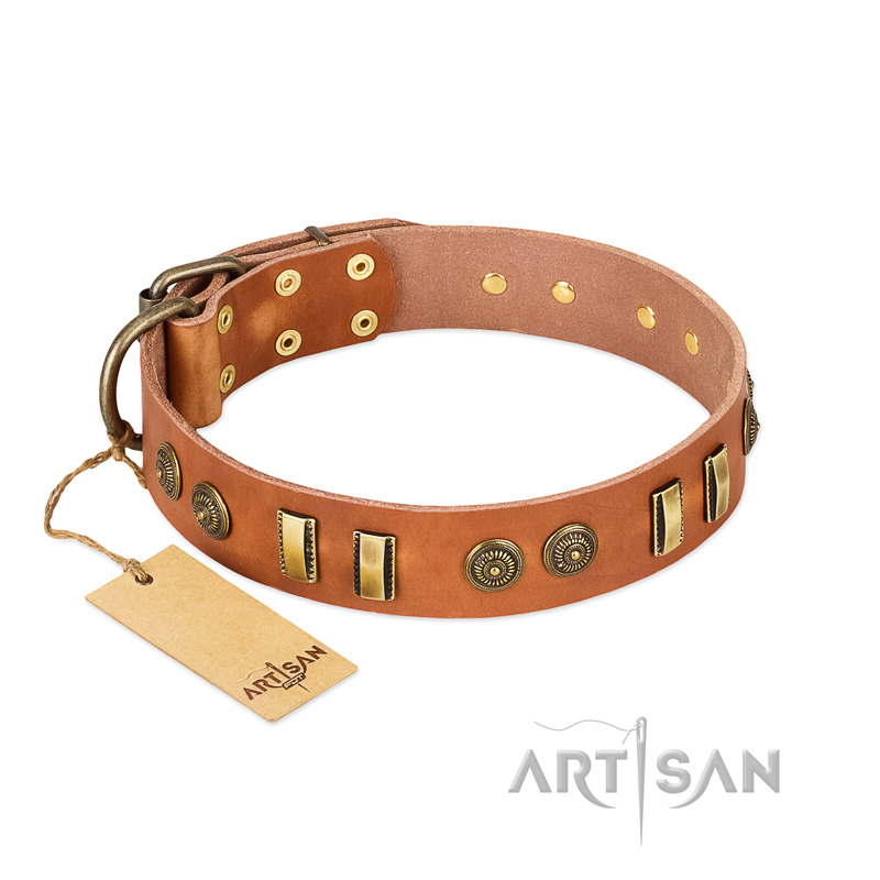"Natural Beauty" FDT Artisan Tan Leather English Bulldog Collar with Old Bronze-like Circles and Plates