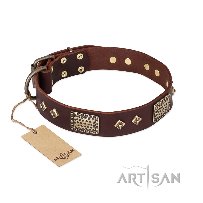 "Loving Owner" FDT Artisan Decorated Leather English Bulldog Collar with Plates and Studs