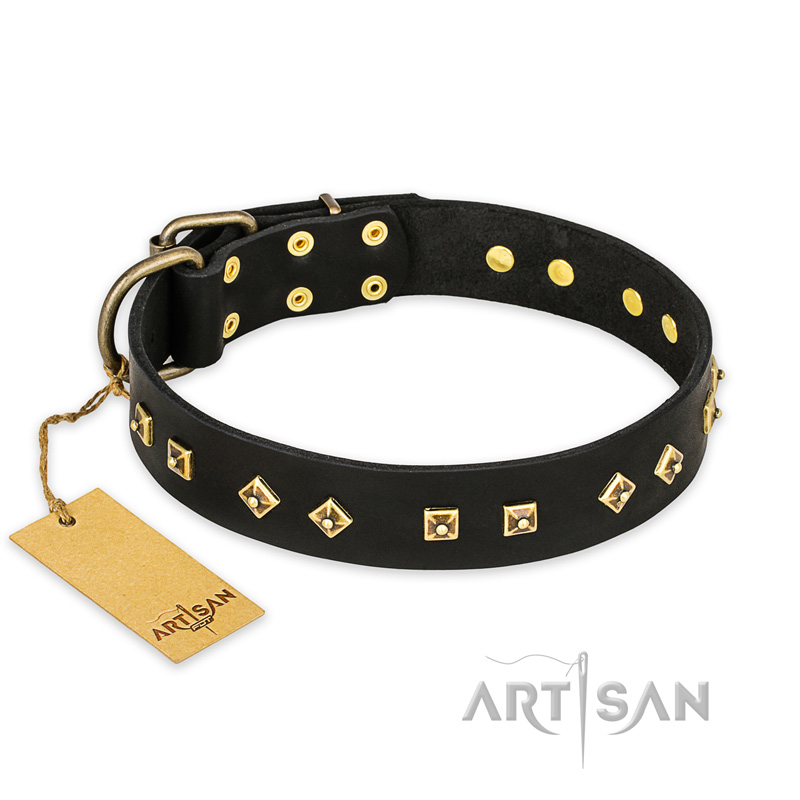 "Rhomb Style" FDT Artisan Decorated Leather English Bulldog Collar with Old Bronze-Plated Studs 1 1/2 inch (40 mm) Wide