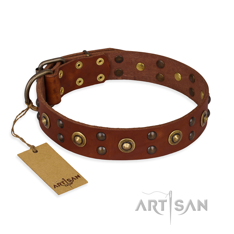 "Unfailing Charm" FDT Artisan Studded Tan Leather English Bulldog Collar - Click Image to Close
