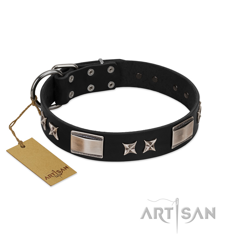 "Pitch Dark" FDT Artisan Black Leather English Bulldog Collar with Stars and Plates
