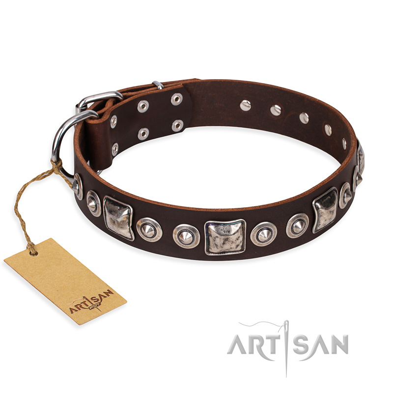 "Pierian spring" FDT Artisan Brown Leather English Bulldog Collar with Silvery Decorations