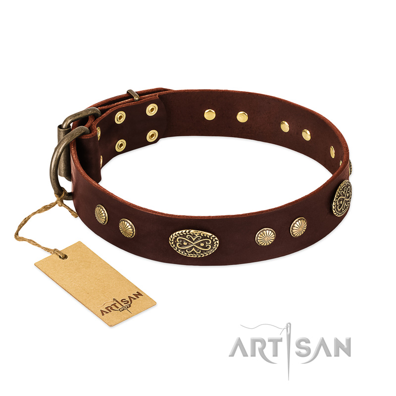 "Old-fashioned Glamor" FDT Artisan Brown Leather English Bulldog Collar with Old Bronze Look Plates and Circles