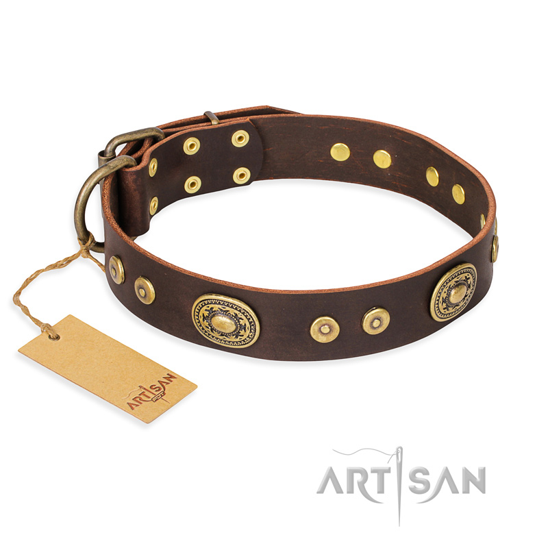 "One-of-a-Kind" FDT Artisan Handmade Decorated Brown Leather English Bulldog Collar