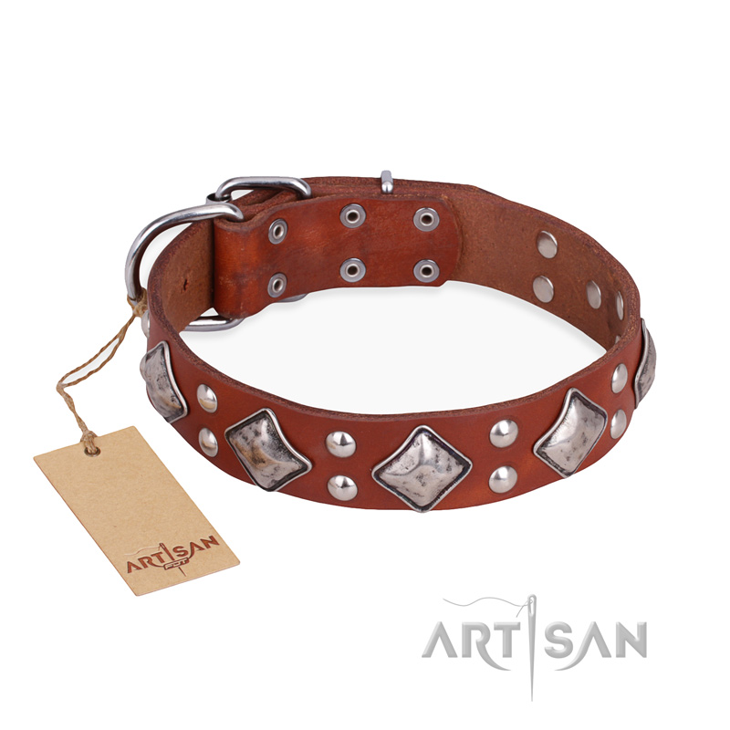 "Magic Squares" FDT Artisan Tan Leather English Bulldog Collar with Silver-like Decor