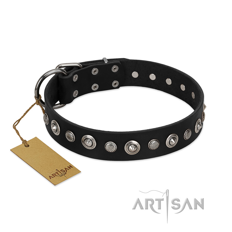 "Genteel Charm" FDT Artisan Black Leather English Bulldog Collar with Silver-like Round Conchos