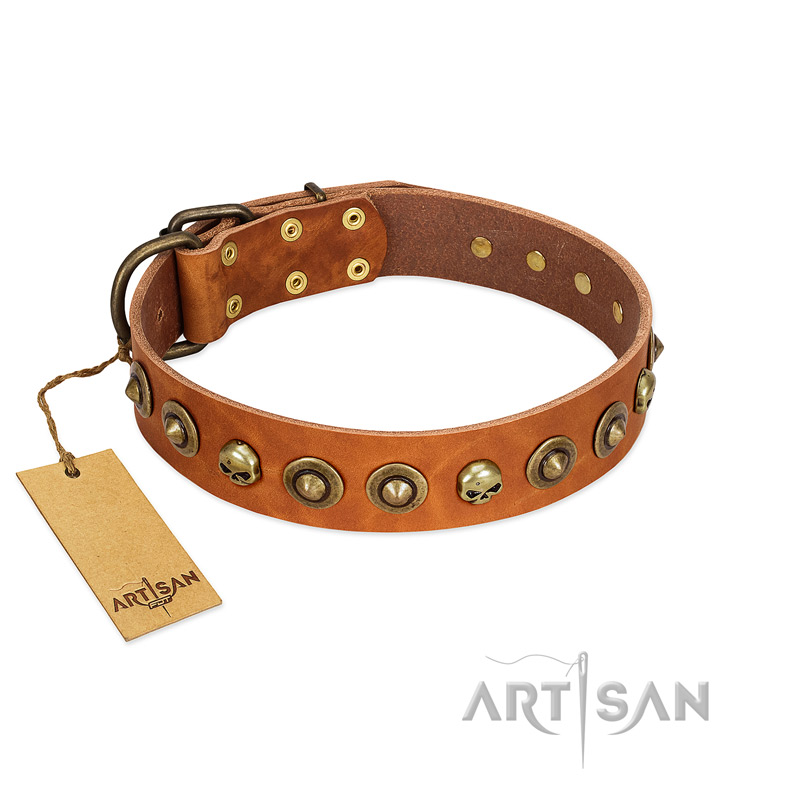 "Prez of the Pack" FDT Artisan Tan Leather English Bulldog Collar with Skulls and Brooches