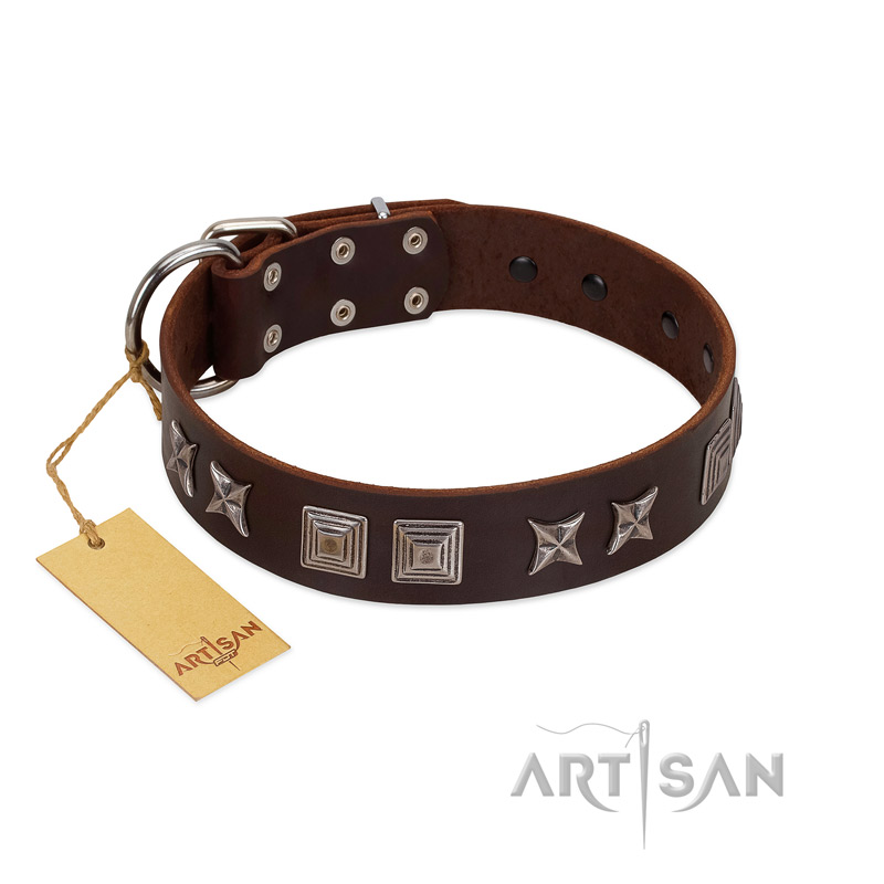 "Needle Stories" Modern FDT Artisan Brown Leather English Bulldog Collar with Square Engraved Plates and Four-Point Stars