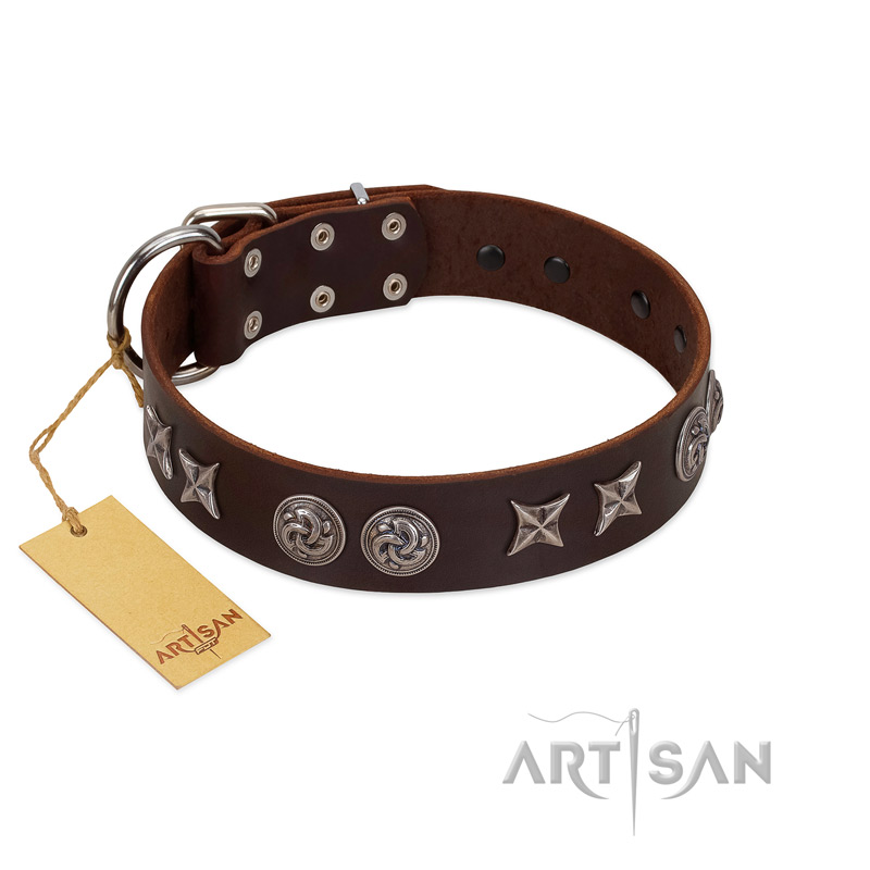 "Silver Sunset" Designer Handmade FDT Artisan Brown Leather English Bulldog Collar