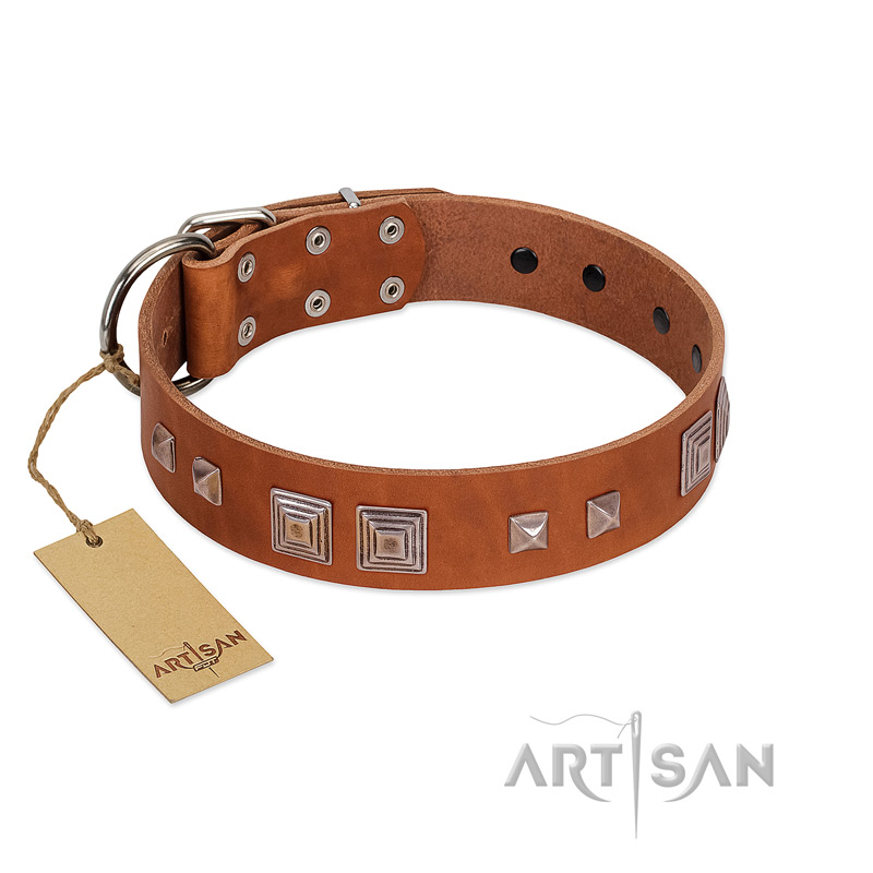"Egyptian Gifts" Handmade FDT Artisan Tan Leather English Bulldog Collar with Chrome-plated Pyramids