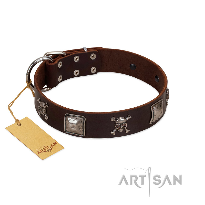 "Nut-Brown Finery" Embellished FDT Artisan Brown Leather English Bulldog Collar with Chrome Plated Crossbones and Plates