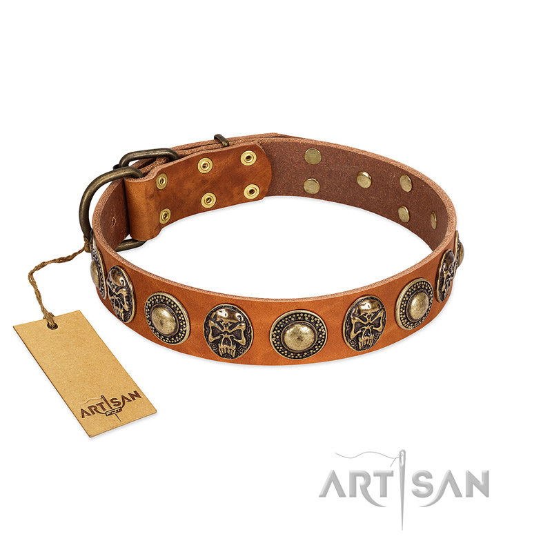 "Golden Epoch" FDT Artisan Tan Leather English Bulldog Collar with Old Bronze-plated Medallions and Conchos