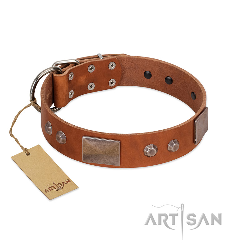 "Great Obelisk" Handcrafted FDT Artisan Tan Leather English Bulldog Collar with Large Plates and Pyramids
