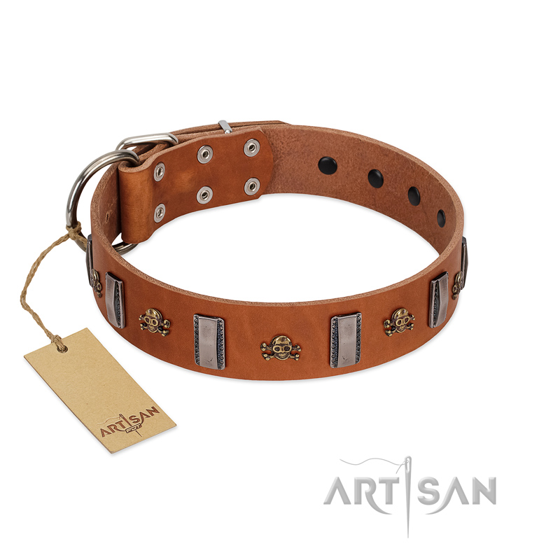 "Golden Crossbones" Handmade FDT Artisan Tan Leather English Bulldog Collar with Plates and Skulls