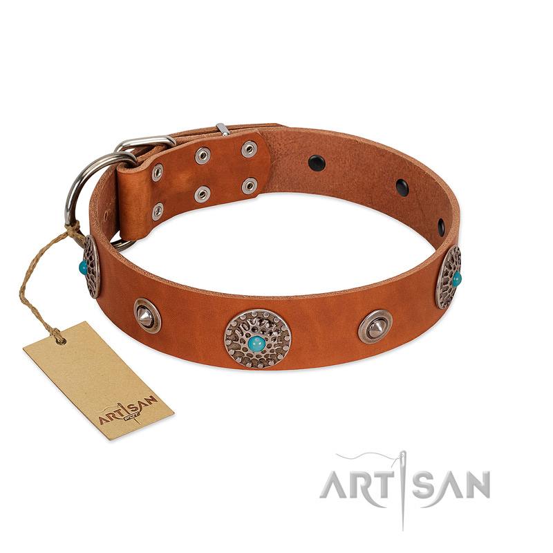 "Marine Antiques" Handmade FDT Artisan Tan Leather English Bulldog Collar with Blue Stones