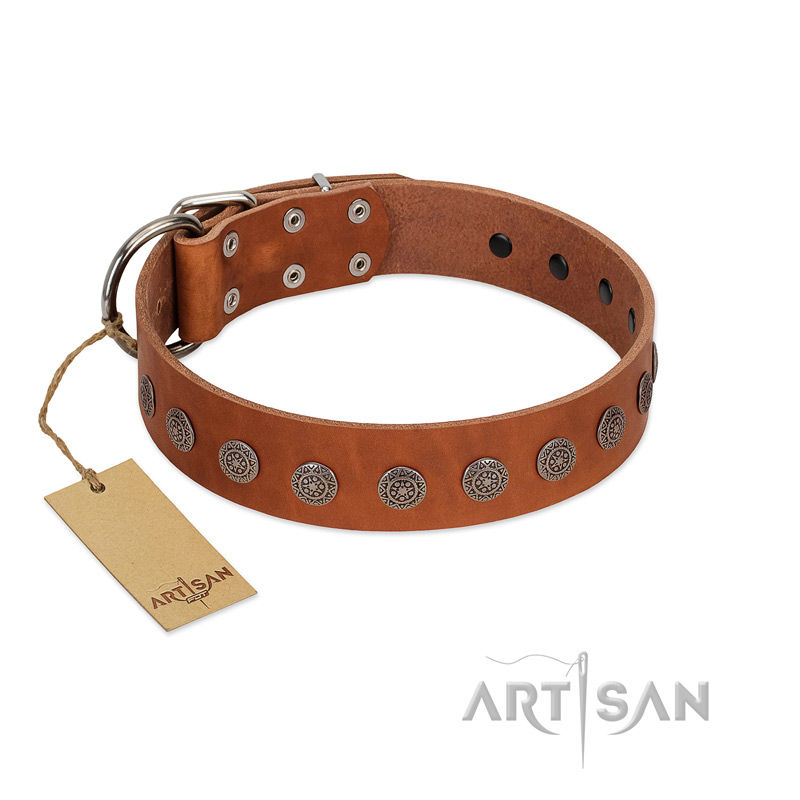 "Lucky Star" Handmade FDT Artisan Designer Tan Leather English Bulldog Collar with Round Plates